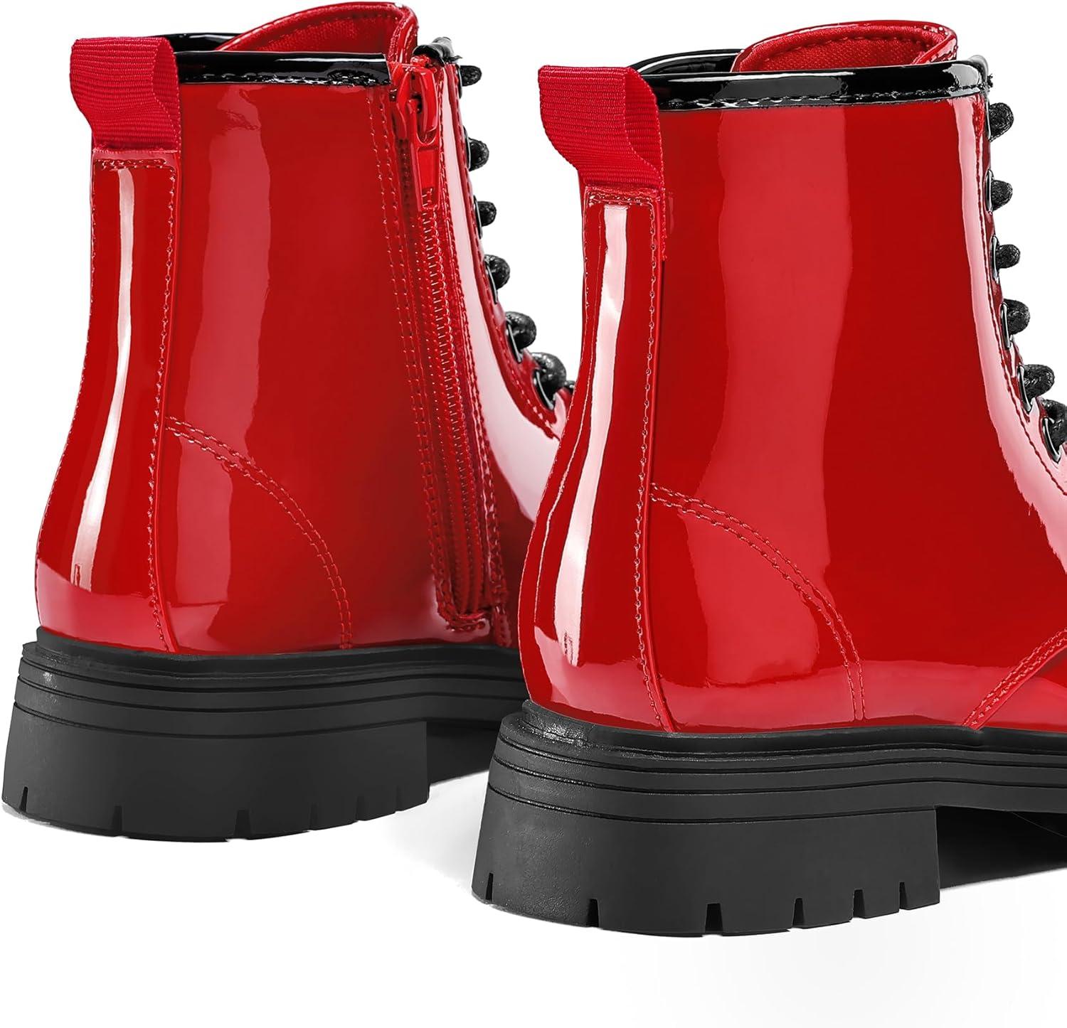 imageK KomForme Boys Girls Ankle Boots Lace Up Side Zipper Waterproof Combat Shoes ToddlerLittle KidBig KidRed Patent