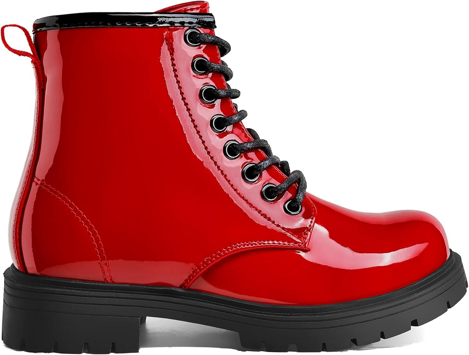 imageK KomForme Boys Girls Ankle Boots Lace Up Side Zipper Waterproof Combat Shoes ToddlerLittle KidBig KidRed Patent