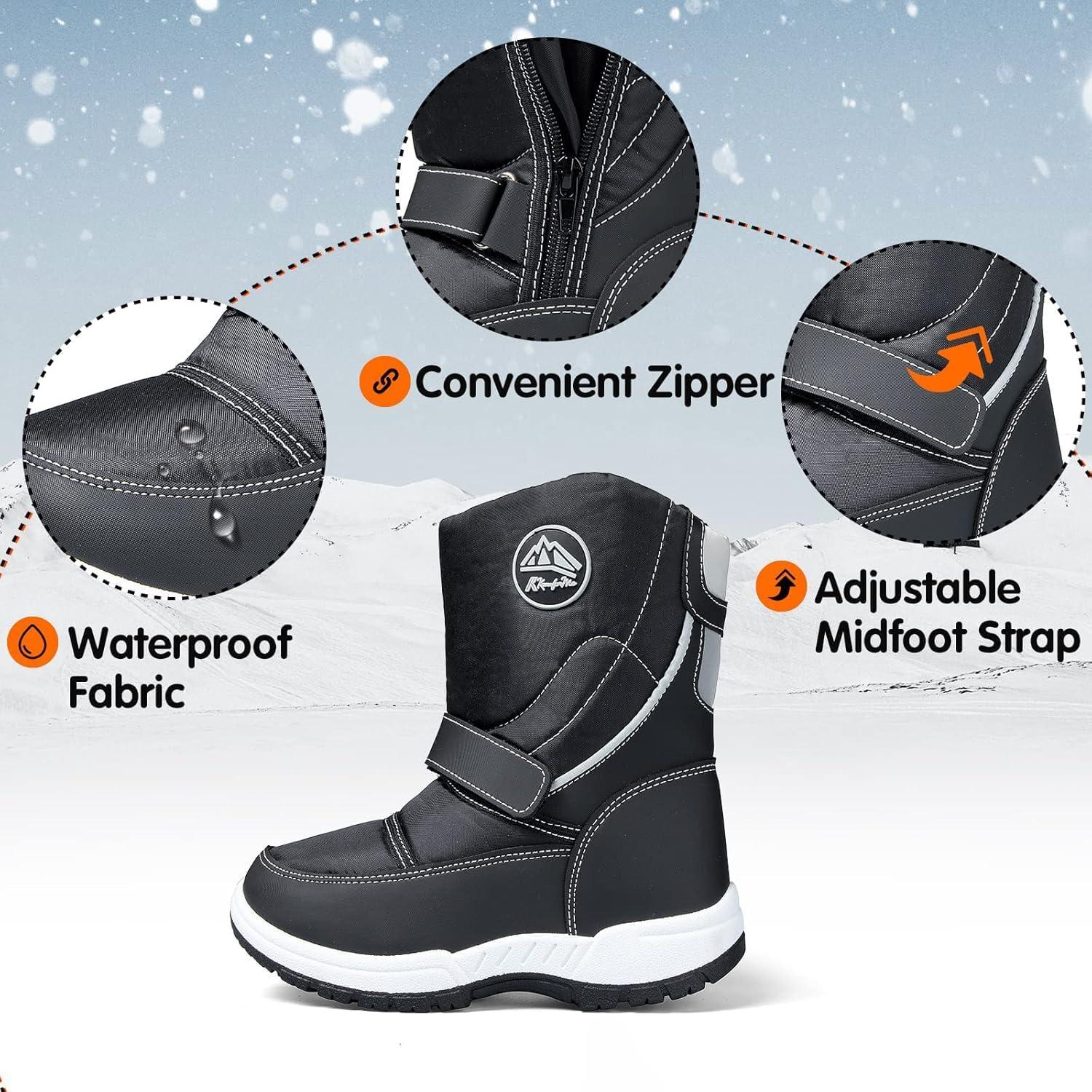 imageK KomForme Boys Girls Snow Boots Waterproof Winter Outdoor BootsToddlerLittle KidBig KidBlack