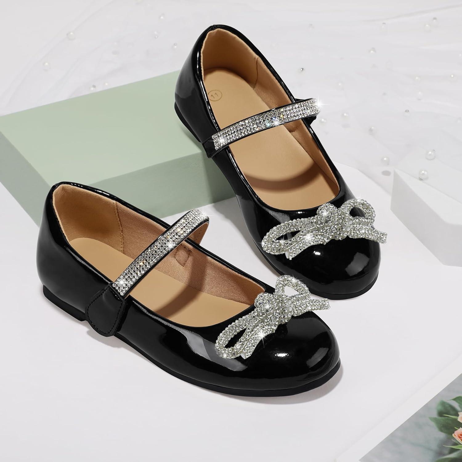 imageK KomForme Girls Bow Mary Jane Dress Shoes Ballet Princess Flats with Rhinestone Strap for Party Wedding School ToddlerLittle KidBig KidBlack