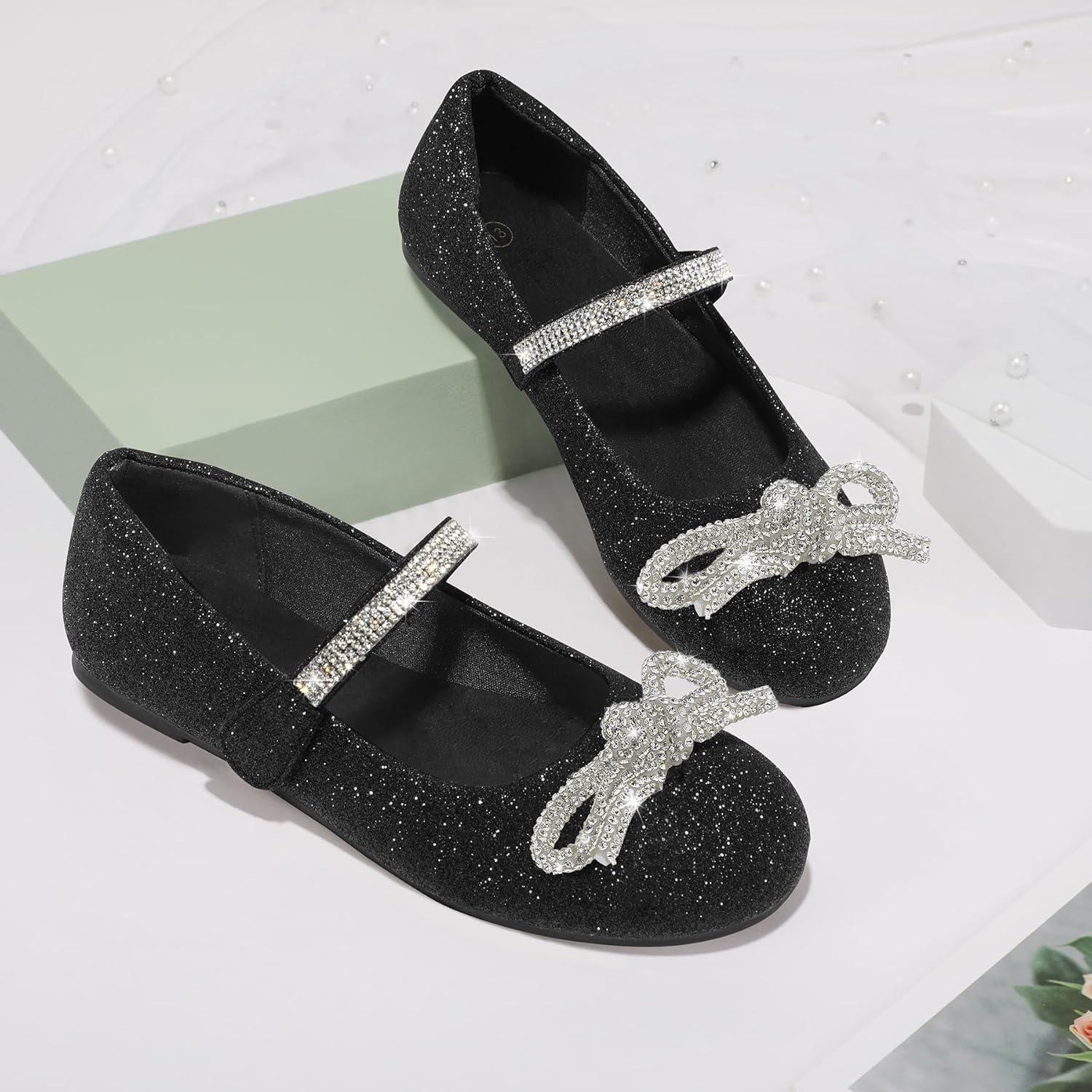 imageK KomForme Girls Bow Mary Jane Dress Shoes Ballet Princess Flats with Rhinestone Strap for Party Wedding School ToddlerLittle KidBig KidBlack Glitter