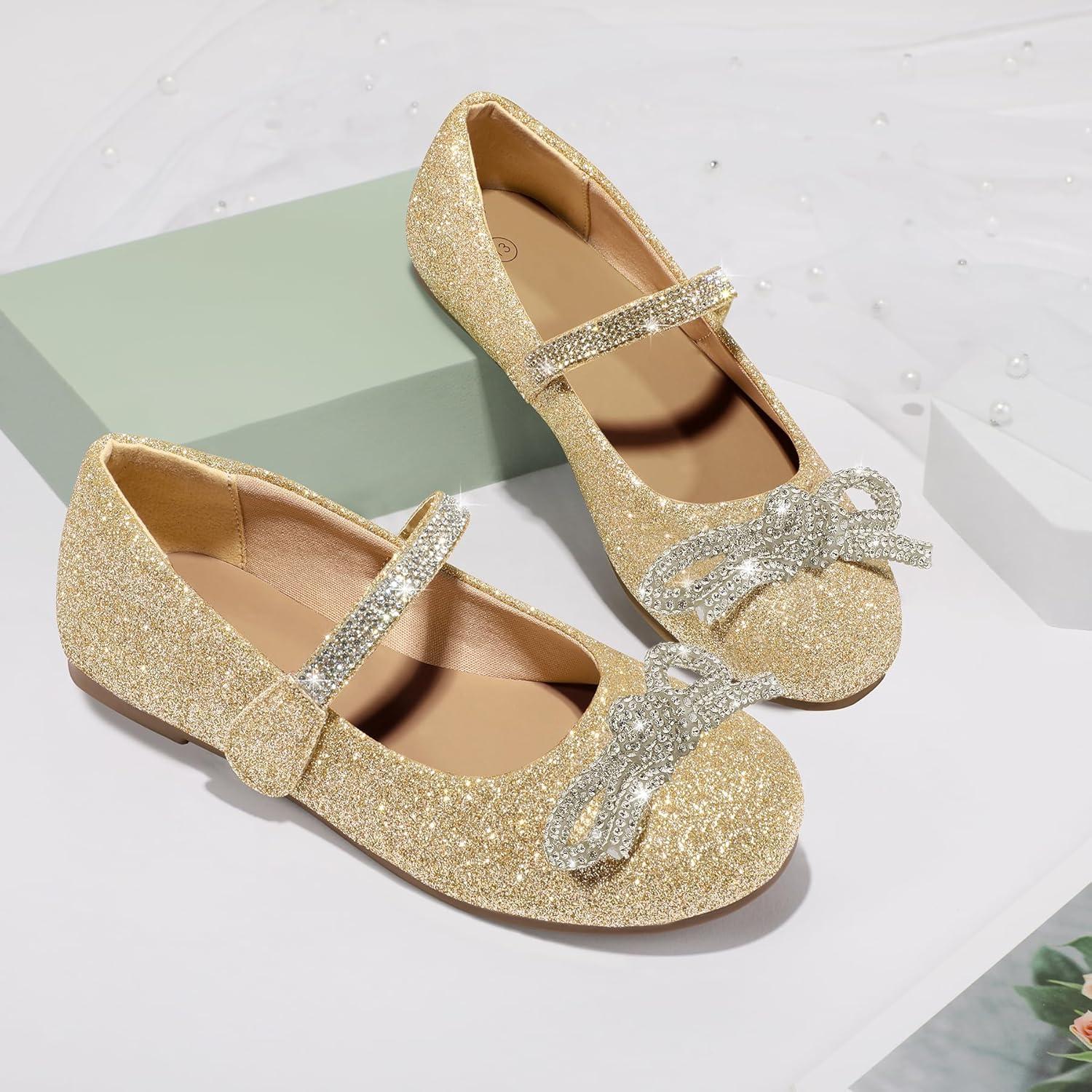 imageK KomForme Girls Bow Mary Jane Dress Shoes Ballet Princess Flats with Rhinestone Strap for Party Wedding School ToddlerLittle KidBig KidGold Glitter