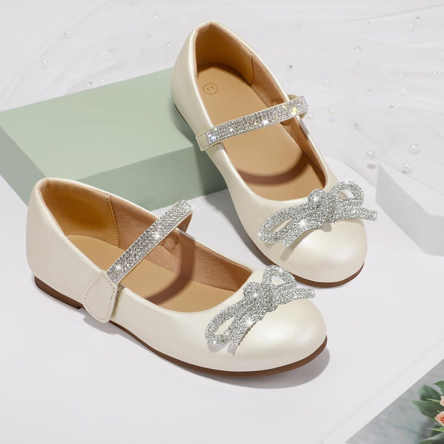 imageK KomForme Girls Bow Mary Jane Dress Shoes Ballet Princess Flats with Rhinestone Strap for Party Wedding School ToddlerLittle KidBig KidIvory