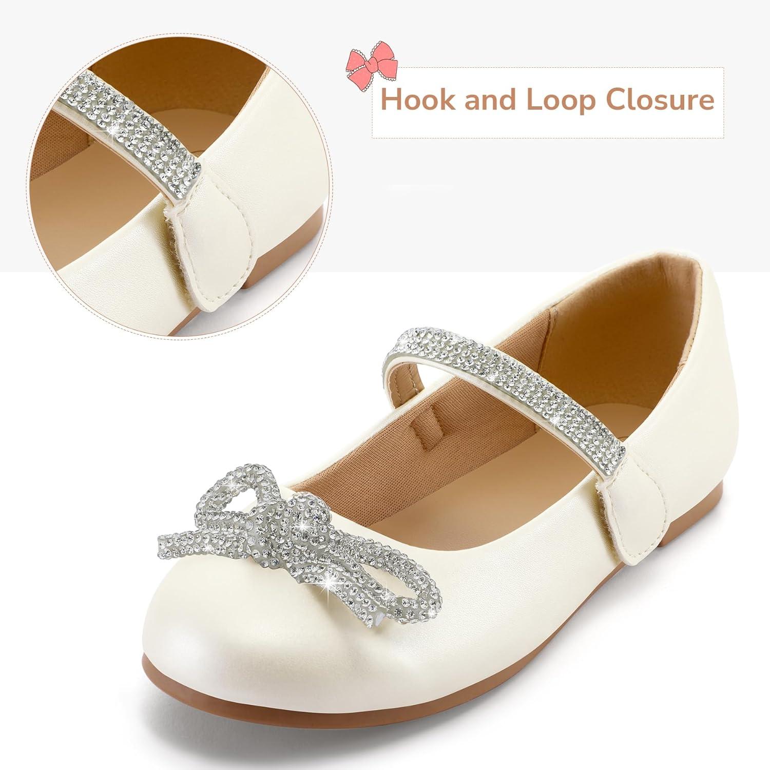 imageK KomForme Girls Bow Mary Jane Dress Shoes Ballet Princess Flats with Rhinestone Strap for Party Wedding School ToddlerLittle KidBig KidIvory