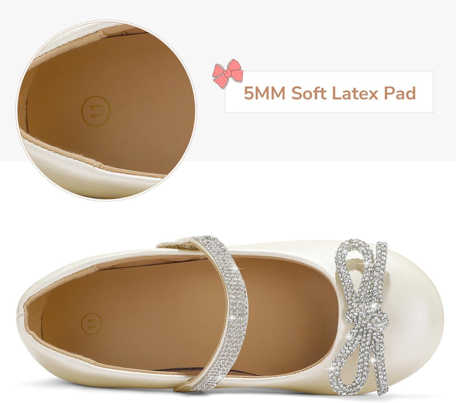 imageK KomForme Girls Bow Mary Jane Dress Shoes Ballet Princess Flats with Rhinestone Strap for Party Wedding School ToddlerLittle KidBig KidIvory