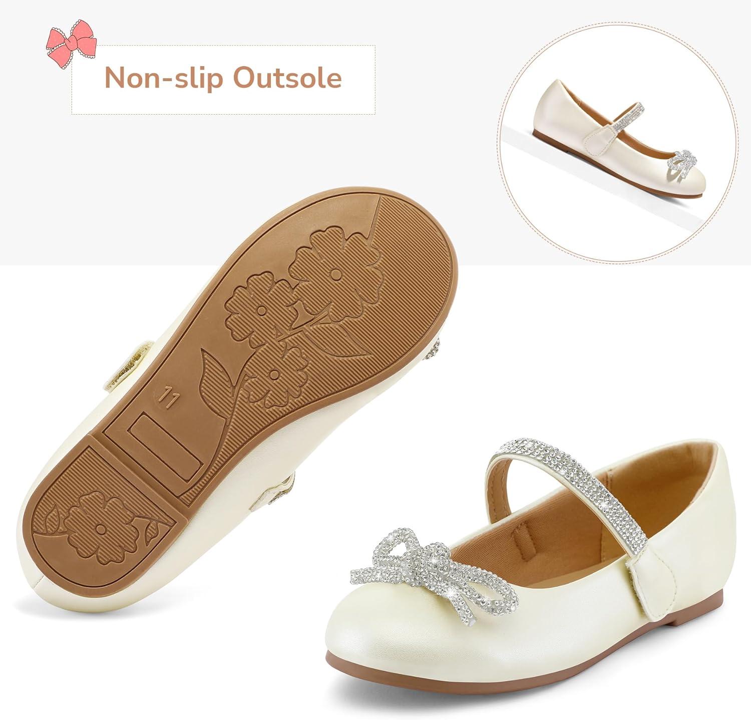 imageK KomForme Girls Bow Mary Jane Dress Shoes Ballet Princess Flats with Rhinestone Strap for Party Wedding School ToddlerLittle KidBig KidIvory