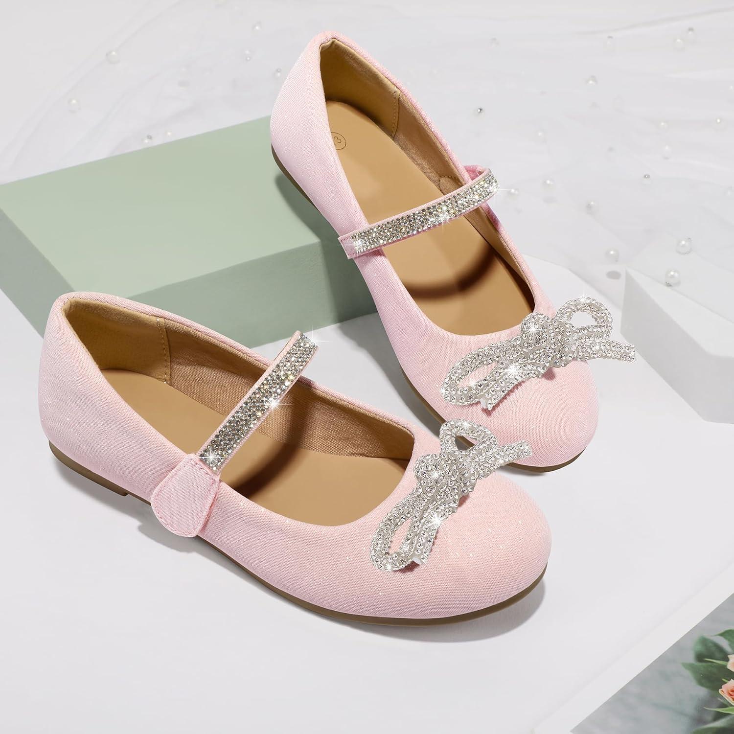 imageK KomForme Girls Bow Mary Jane Dress Shoes Ballet Princess Flats with Rhinestone Strap for Party Wedding School ToddlerLittle KidBig KidPink