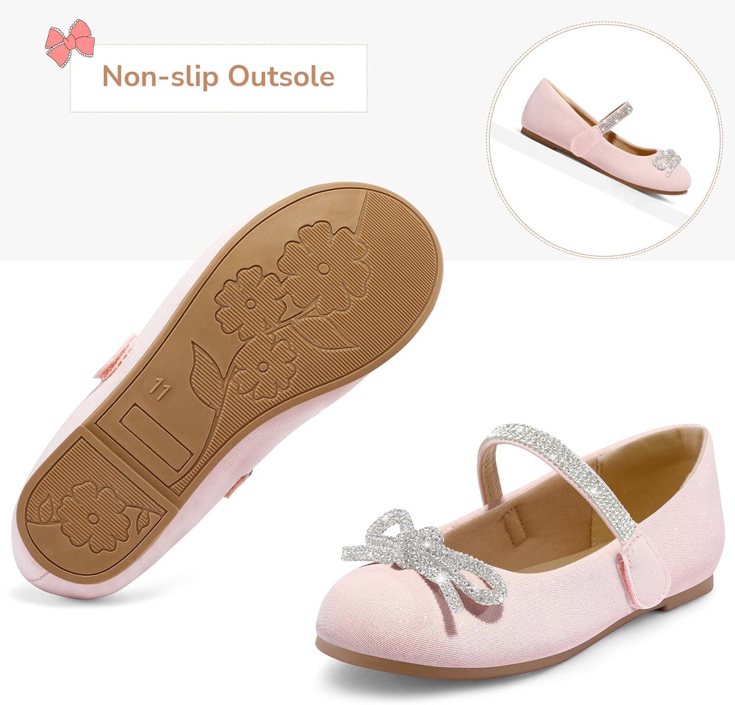 imageK KomForme Girls Bow Mary Jane Dress Shoes Ballet Princess Flats with Rhinestone Strap for Party Wedding School ToddlerLittle KidBig KidPink