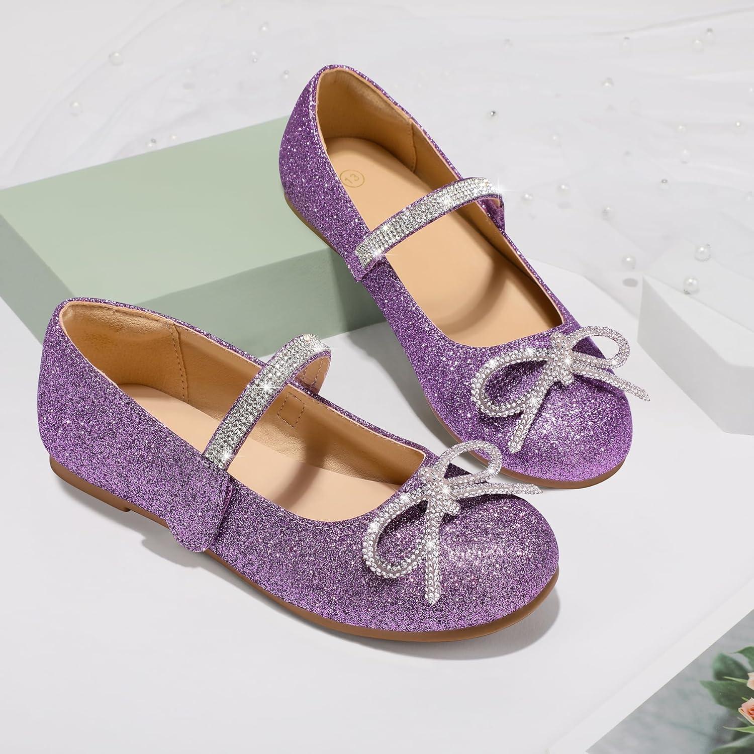 imageK KomForme Girls Bow Mary Jane Dress Shoes Ballet Princess Flats with Rhinestone Strap for Party Wedding School ToddlerLittle KidBig KidPurple Glitter