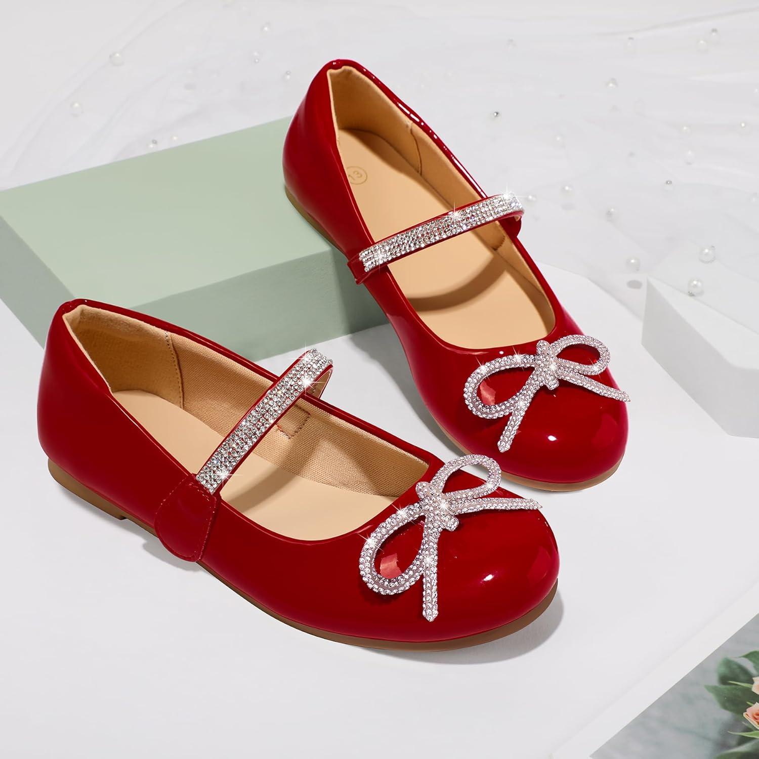 imageK KomForme Girls Bow Mary Jane Dress Shoes Ballet Princess Flats with Rhinestone Strap for Party Wedding School ToddlerLittle KidBig KidRed