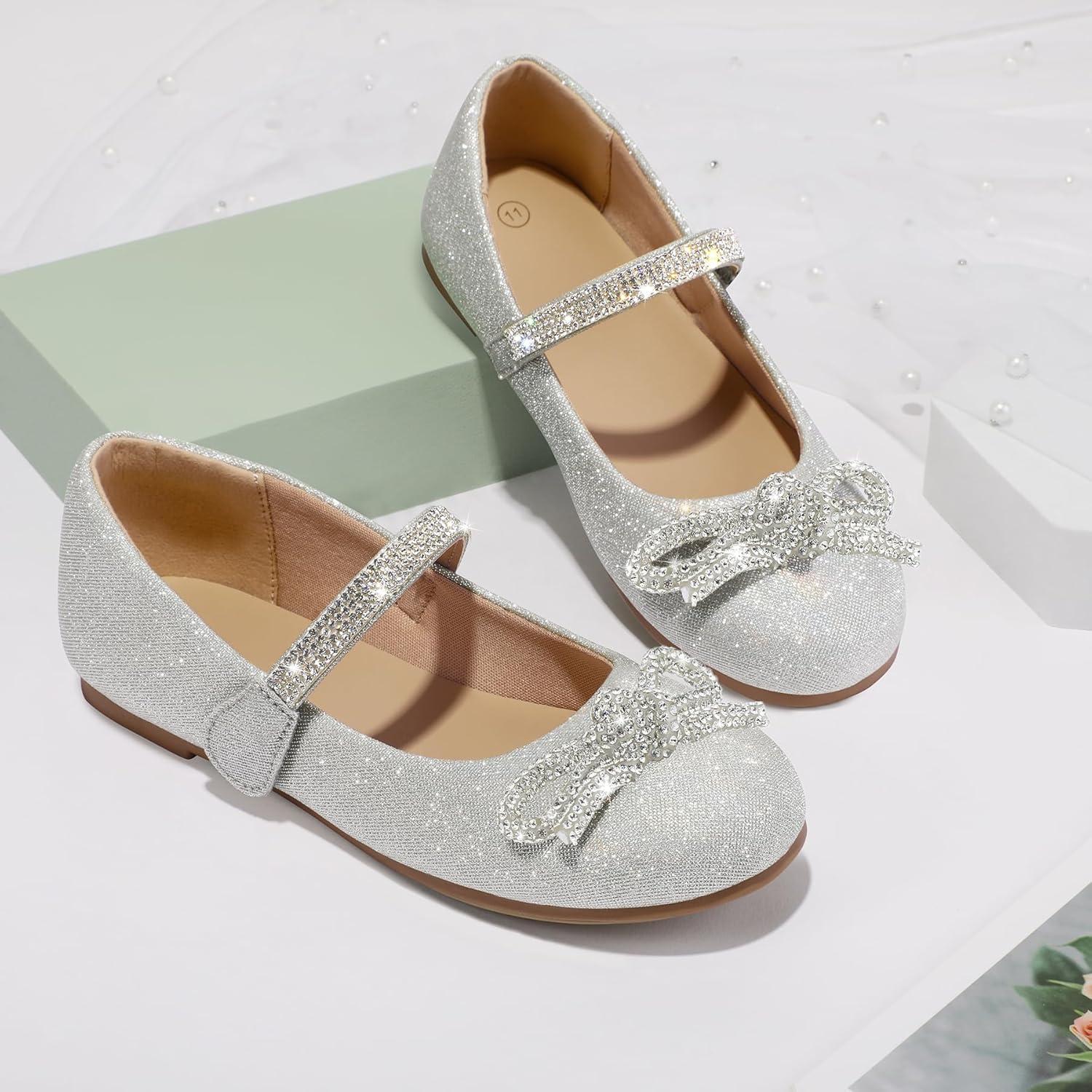 imageK KomForme Girls Bow Mary Jane Dress Shoes Ballet Princess Flats with Rhinestone Strap for Party Wedding School ToddlerLittle KidBig KidSilver