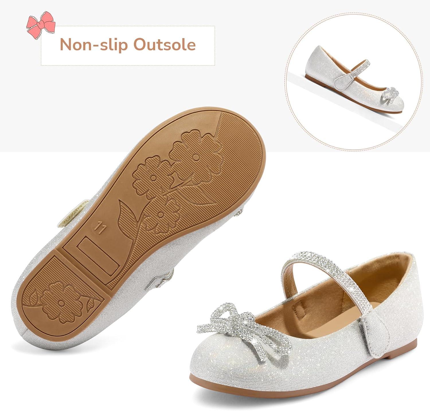 imageK KomForme Girls Bow Mary Jane Dress Shoes Ballet Princess Flats with Rhinestone Strap for Party Wedding School ToddlerLittle KidBig KidSilver
