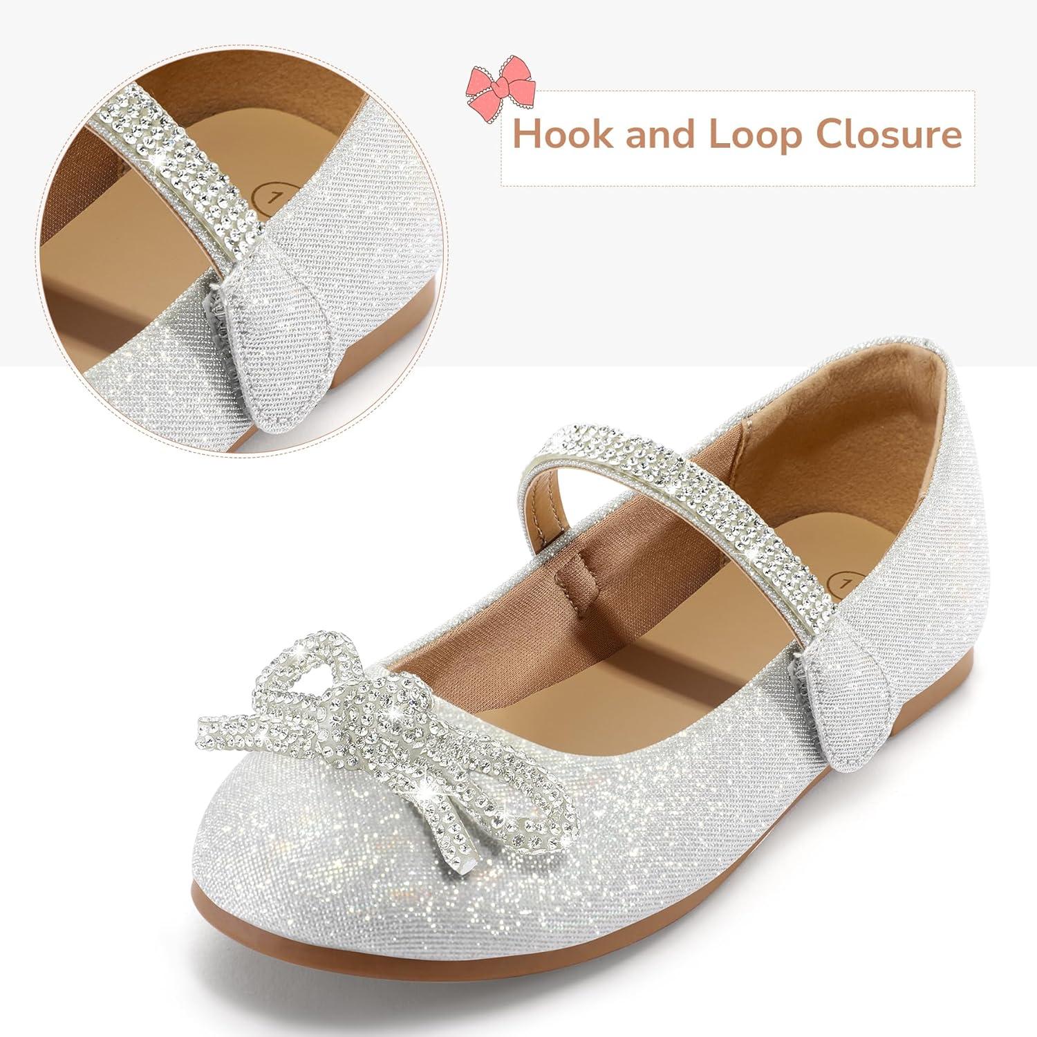 imageK KomForme Girls Bow Mary Jane Dress Shoes Ballet Princess Flats with Rhinestone Strap for Party Wedding School ToddlerLittle KidBig KidSilver