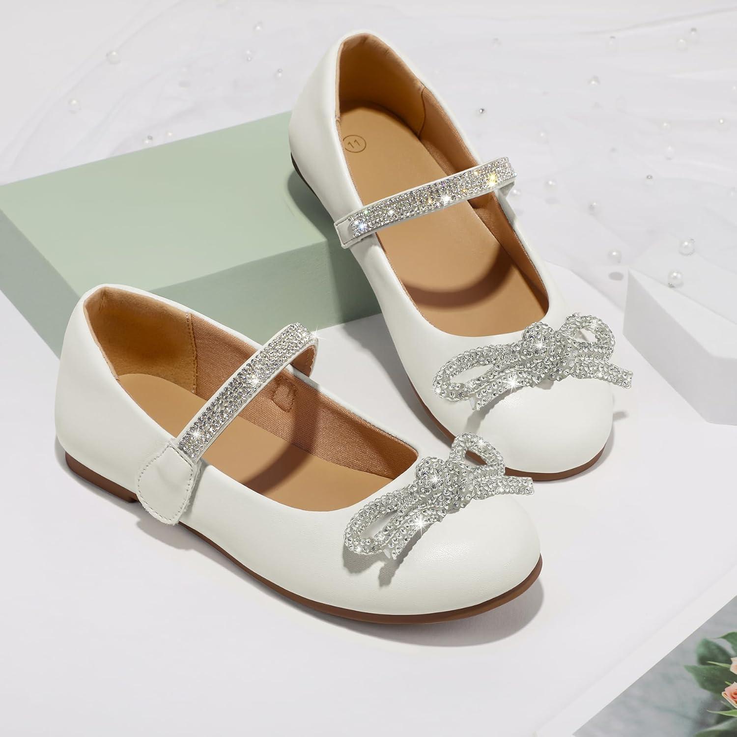 imageK KomForme Girls Bow Mary Jane Dress Shoes Ballet Princess Flats with Rhinestone Strap for Party Wedding School ToddlerLittle KidBig KidWhite
