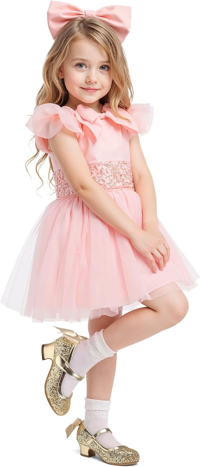 imageK KomForme Girls Dress Shoes Glitter Mary Jane Pumps with Bow Low Heel Party Wedding Princess Shoes ToddlerLittle KidsBig KidsGold Glitter Silk