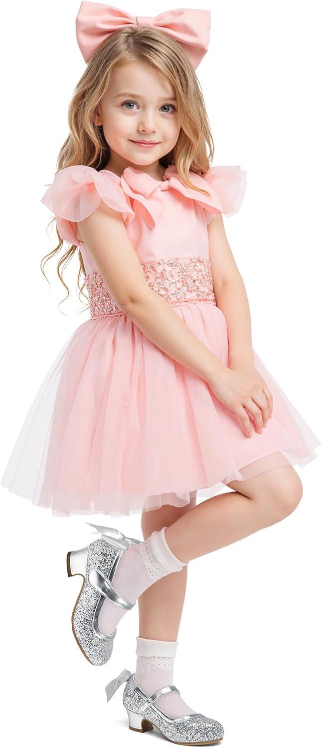 imageK KomForme Girls Dress Shoes Glitter Mary Jane Pumps with Bow Low Heel Party Wedding Princess Shoes ToddlerLittle KidsBig KidsSilver Glitter Silk