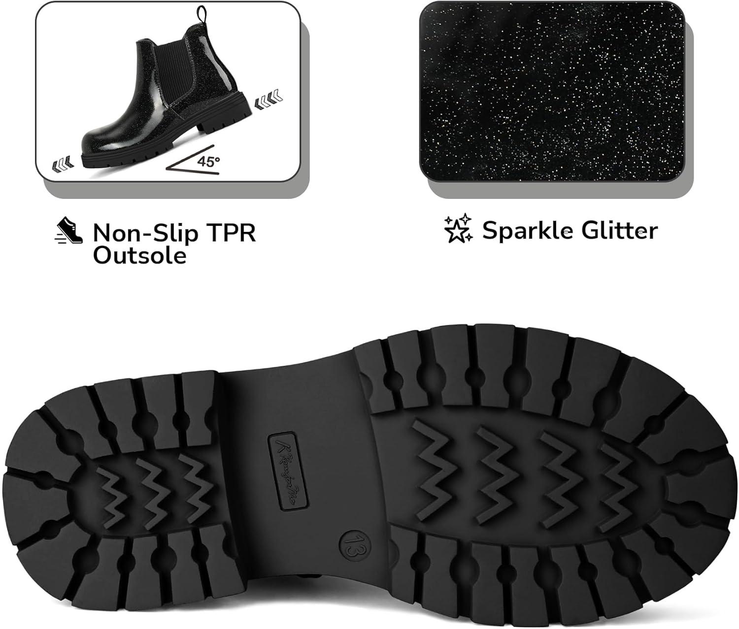 imageK KomForme Girls Glitter Ankle Boots Side Zipper Chelsea Booties Lug Sole ToddlerLittle KidsBig KidsBlack