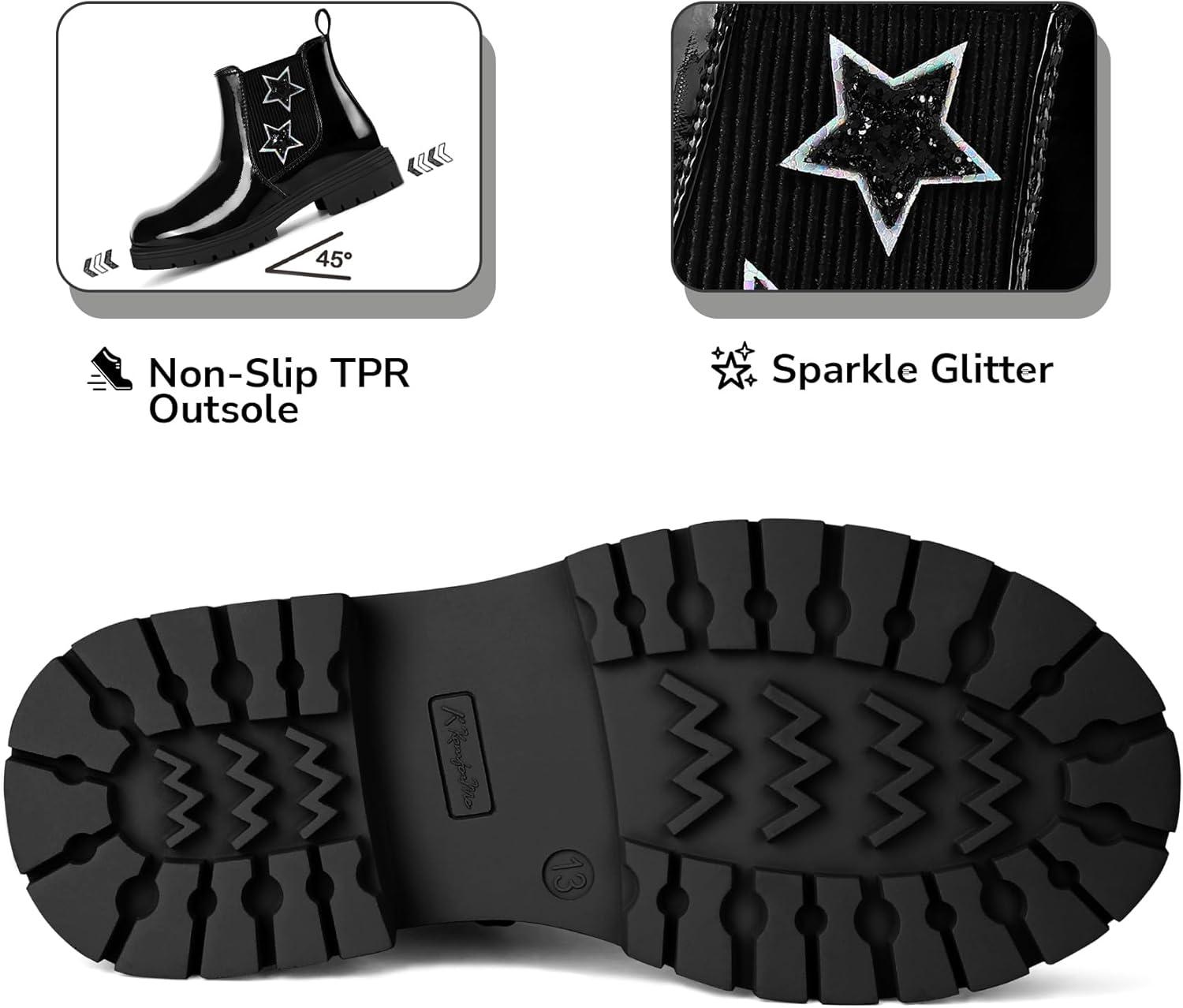 imageK KomForme Girls Glitter Ankle Boots Side Zipper Chelsea Booties Lug Sole ToddlerLittle KidsBig KidsBlack Star