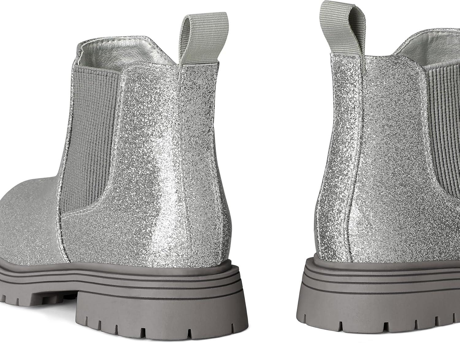 imageK KomForme Girls Glitter Ankle Boots Side Zipper Chelsea Booties Lug Sole ToddlerLittle KidsBig KidsSilver