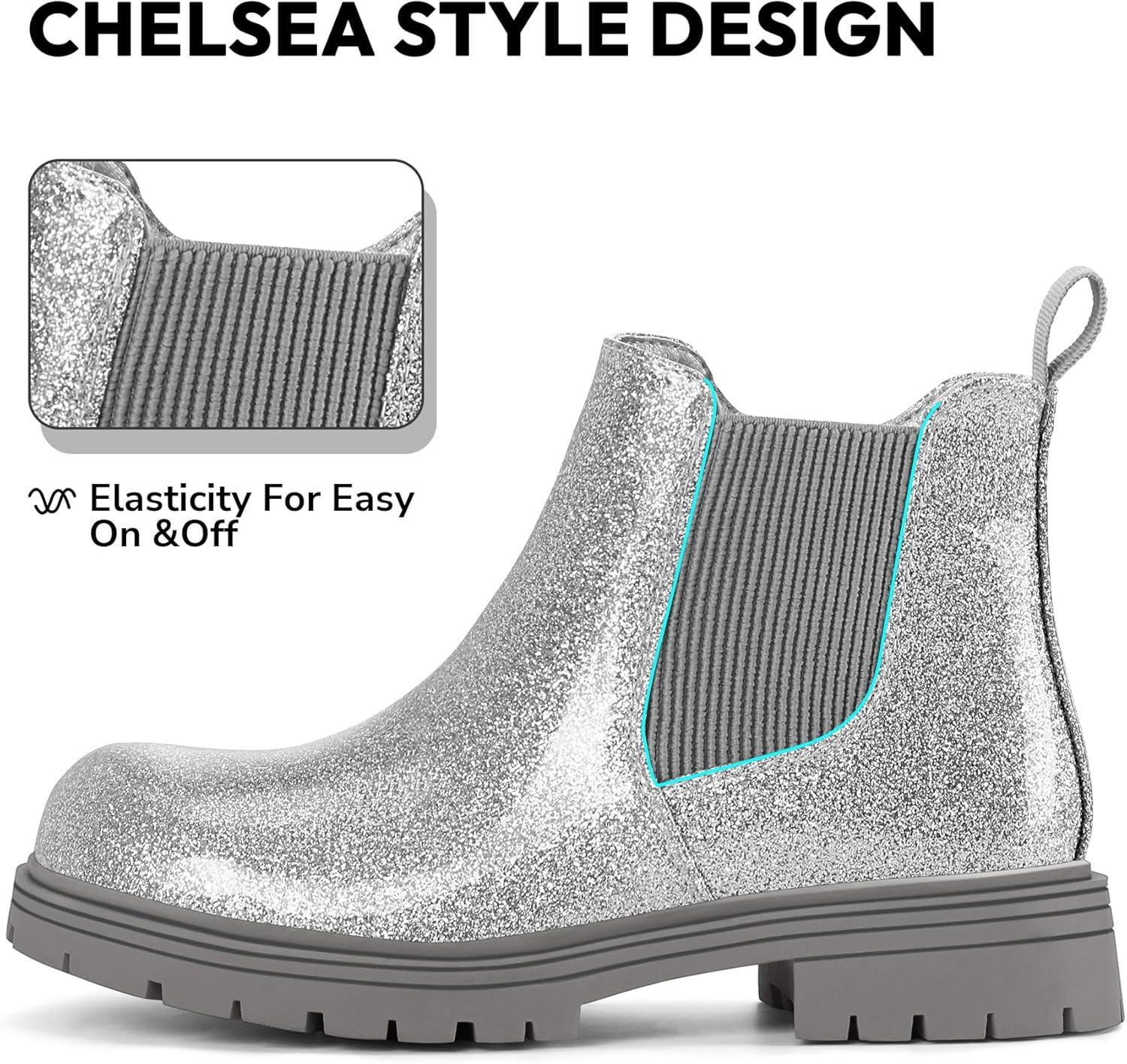 imageK KomForme Girls Glitter Ankle Boots Side Zipper Chelsea Booties Lug Sole ToddlerLittle KidsBig KidsSilver