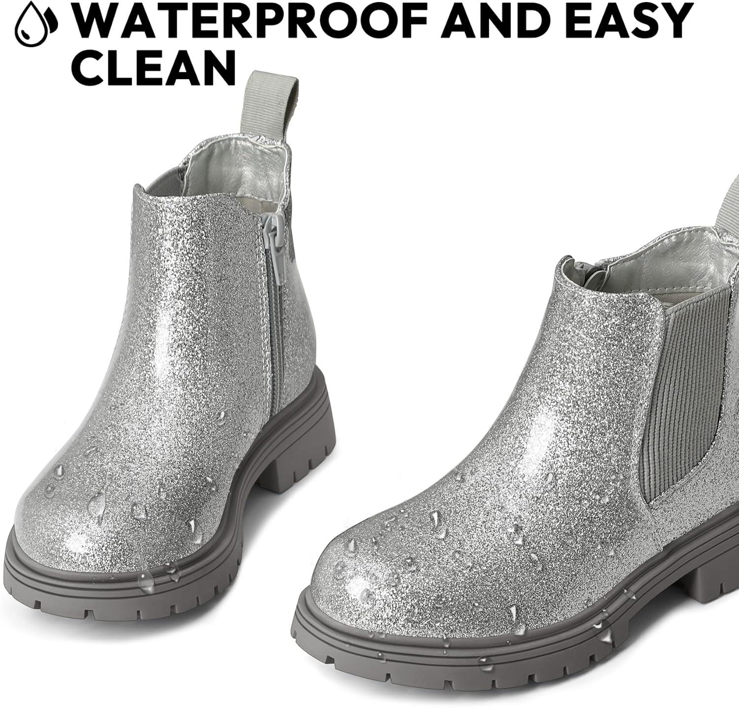 imageK KomForme Girls Glitter Ankle Boots Side Zipper Chelsea Booties Lug Sole ToddlerLittle KidsBig KidsSilver