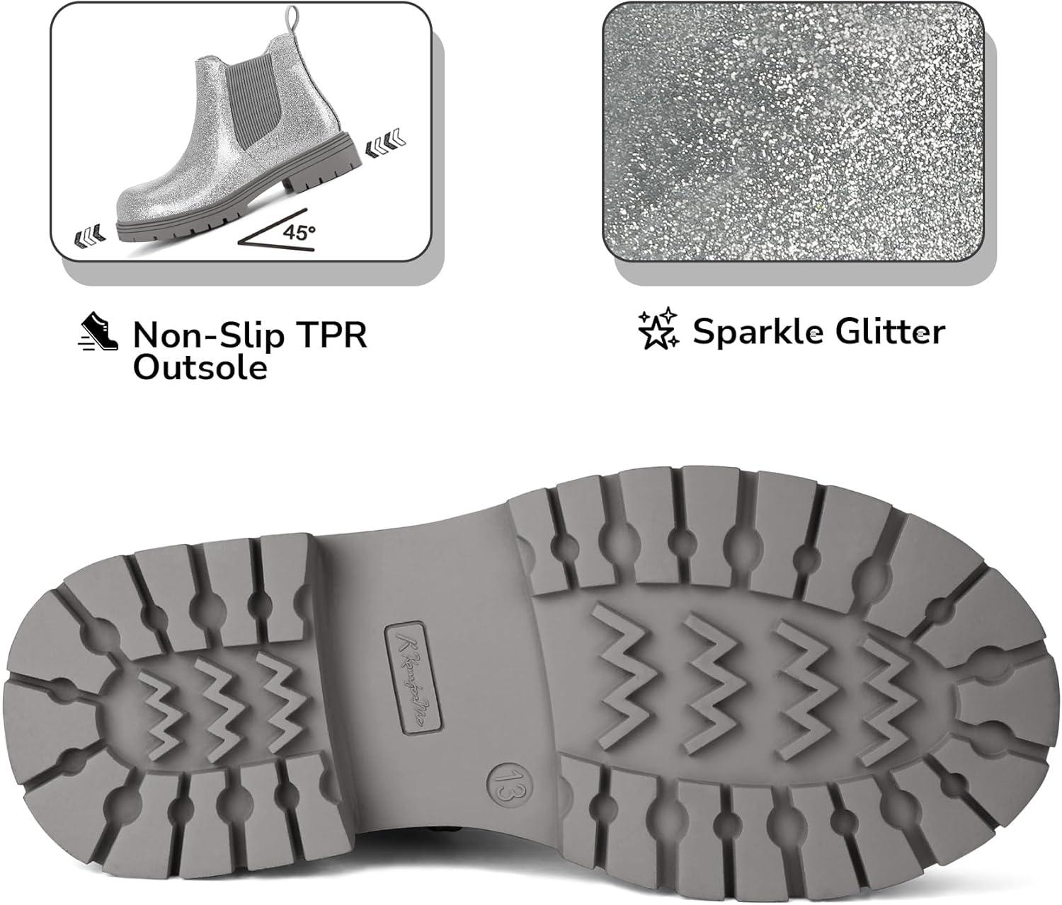 imageK KomForme Girls Glitter Ankle Boots Side Zipper Chelsea Booties Lug Sole ToddlerLittle KidsBig KidsSilver