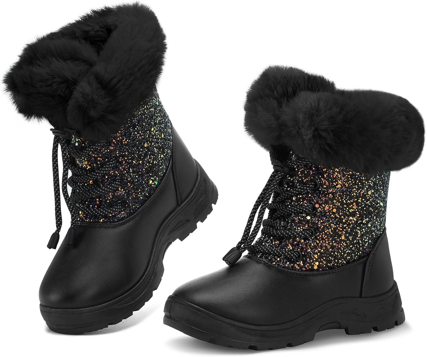 imageK KomForme Girls Glitter Snow Boots Kids Bungee Lacing Warm Faux FurLined AntiSlip Outdoor Winter Shoes ToddlerLittle KidBig KidBlack