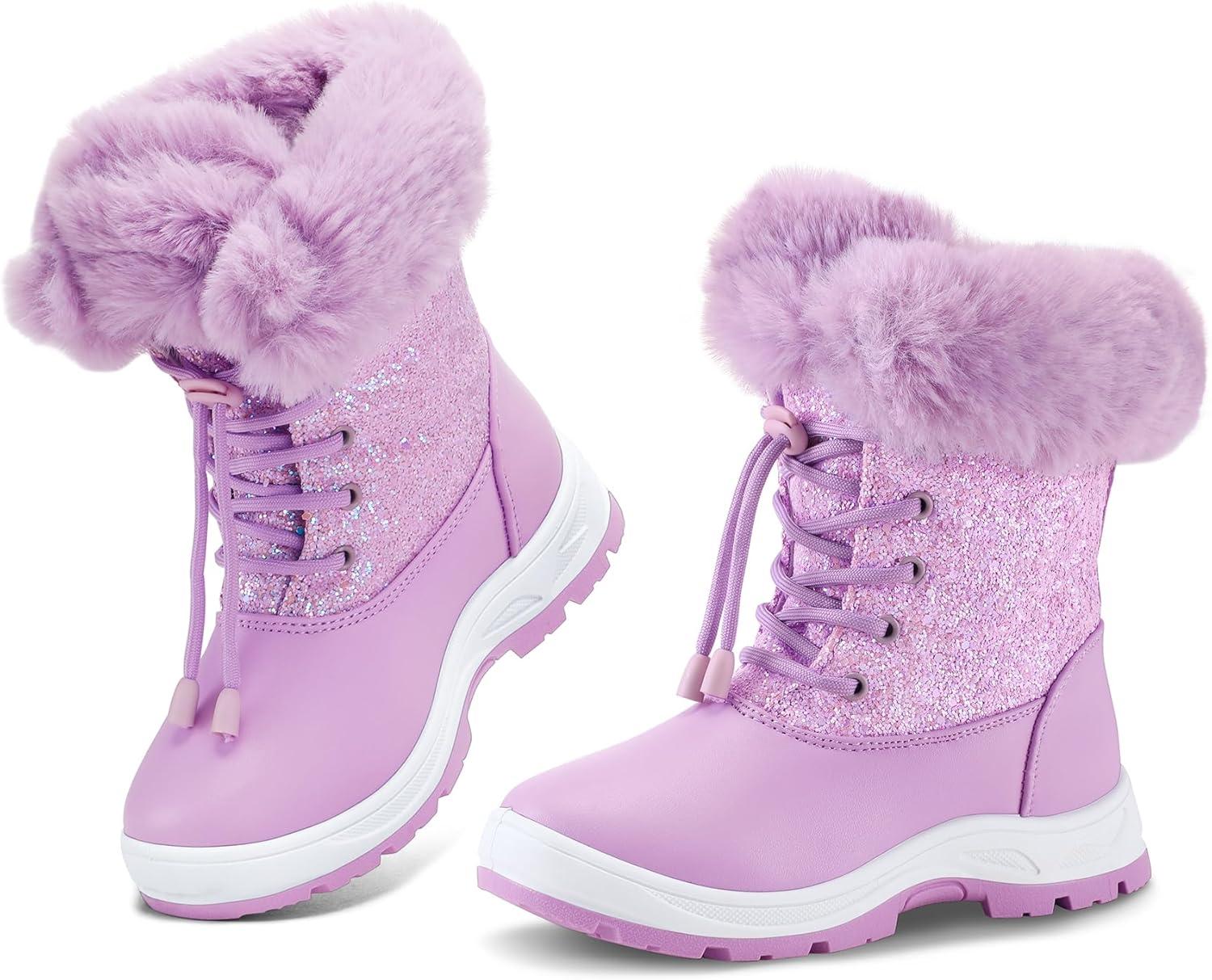 imageK KomForme Girls Glitter Snow Boots Kids Bungee Lacing Warm Faux FurLined AntiSlip Outdoor Winter Shoes ToddlerLittle KidBig KidPastel Purple