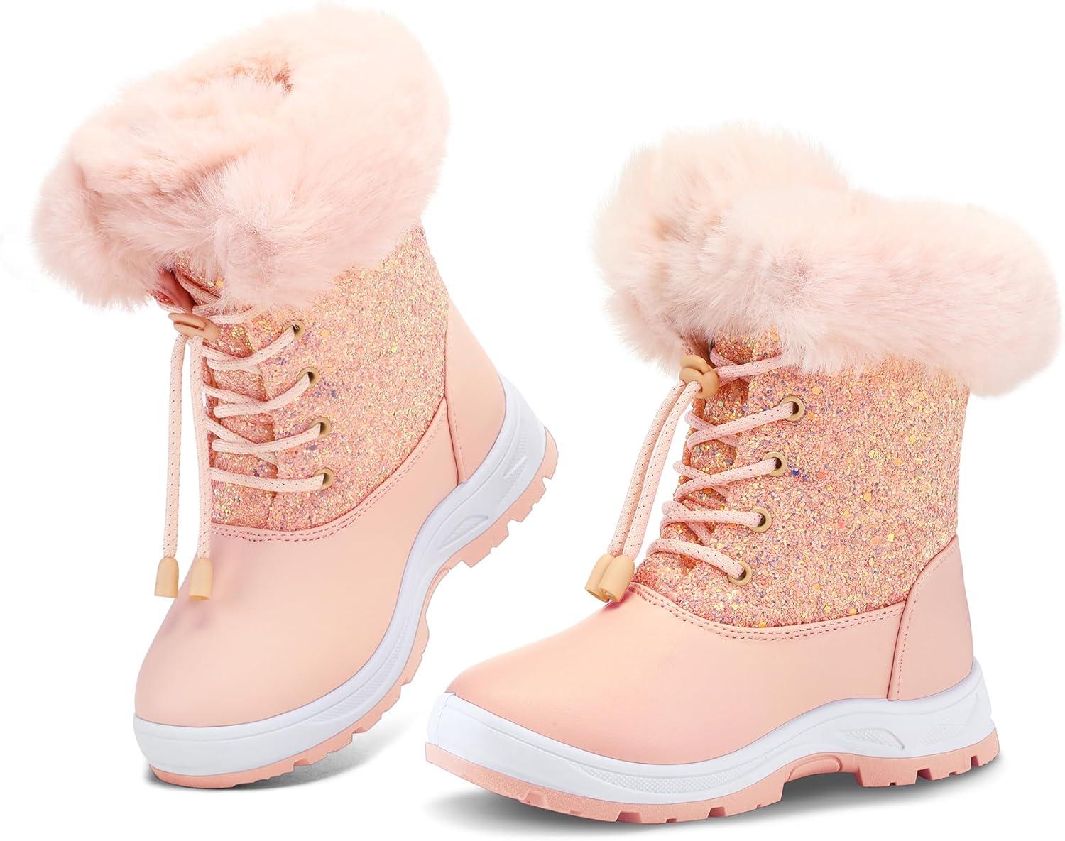 imageK KomForme Girls Glitter Snow Boots Kids Bungee Lacing Warm Faux FurLined AntiSlip Outdoor Winter Shoes ToddlerLittle KidBig KidPink