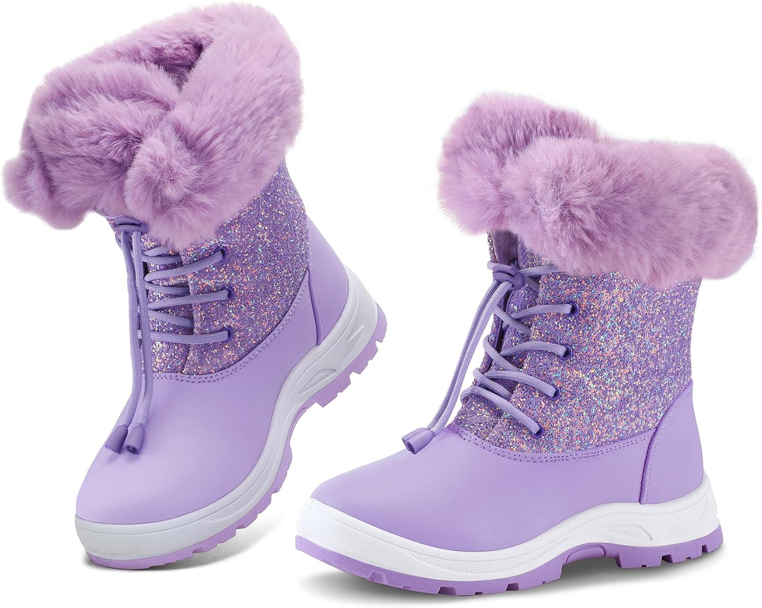 imageK KomForme Girls Glitter Snow Boots Kids Bungee Lacing Warm Faux FurLined AntiSlip Outdoor Winter Shoes ToddlerLittle KidBig KidPurple