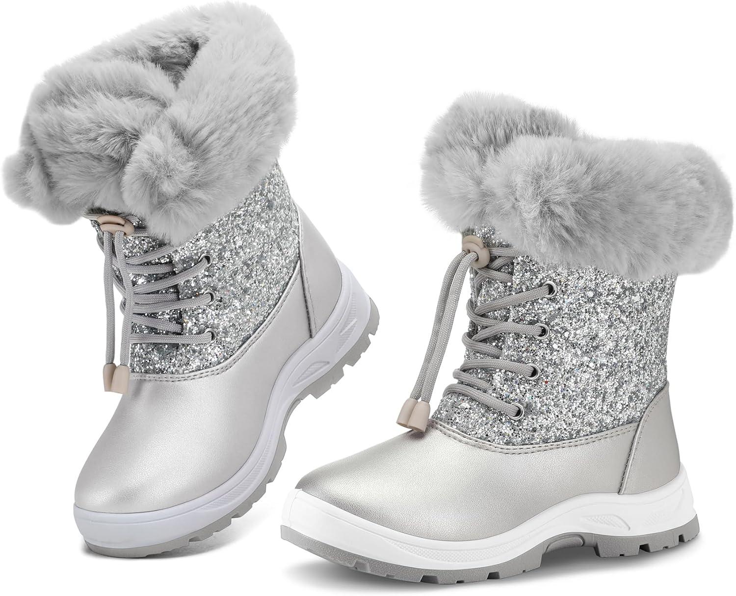 imageK KomForme Girls Glitter Snow Boots Kids Bungee Lacing Warm Faux FurLined AntiSlip Outdoor Winter Shoes ToddlerLittle KidBig KidSilver