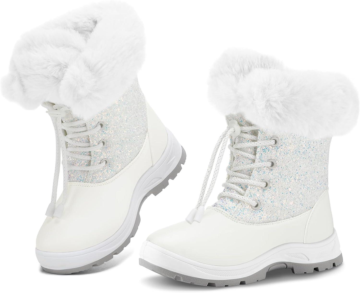 imageK KomForme Girls Glitter Snow Boots Kids Bungee Lacing Warm Faux FurLined AntiSlip Outdoor Winter Shoes ToddlerLittle KidBig KidWhite
