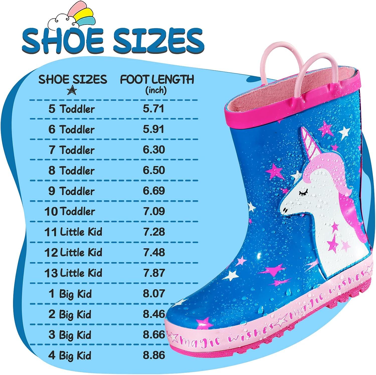 imageK KomForme Kids Rain Boots Waterproof Printed Rubber boots with Handles Size 1 Big Kid Sleepy Unicorn
