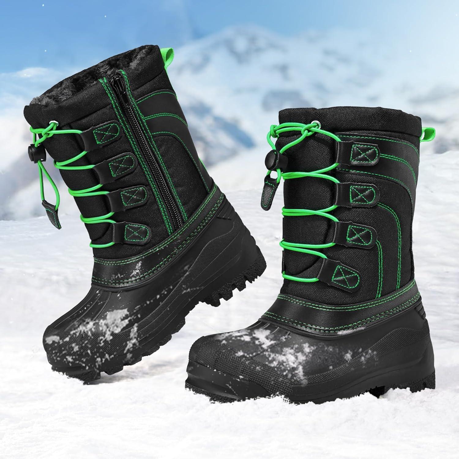 imageK KomForme Snow Boots for Boys Insulated Waterproof Fur Lined Warm Shoes for Outdoor ToddlerLittle KidBig KidBlackGreen