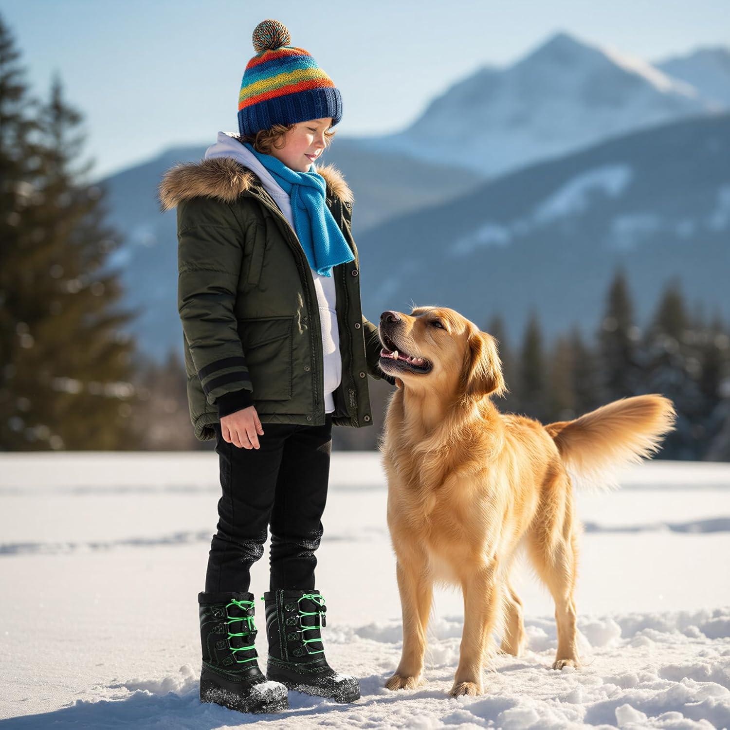 imageK KomForme Snow Boots for Boys Insulated Waterproof Fur Lined Warm Shoes for Outdoor ToddlerLittle KidBig KidBlackGreen