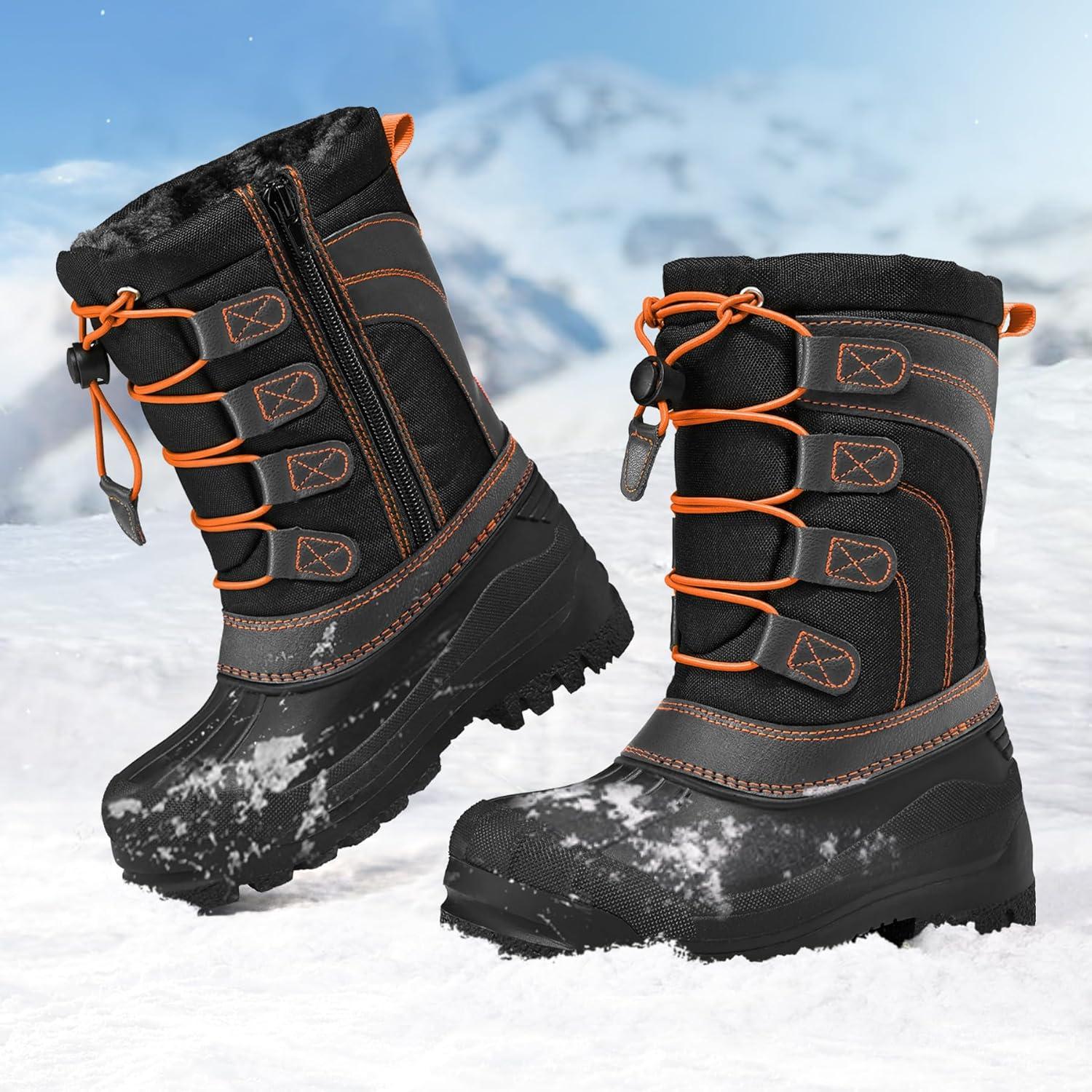 imageK KomForme Snow Boots for Boys Insulated Waterproof Fur Lined Warm Shoes for Outdoor ToddlerLittle KidBig KidBlackGreyOrange