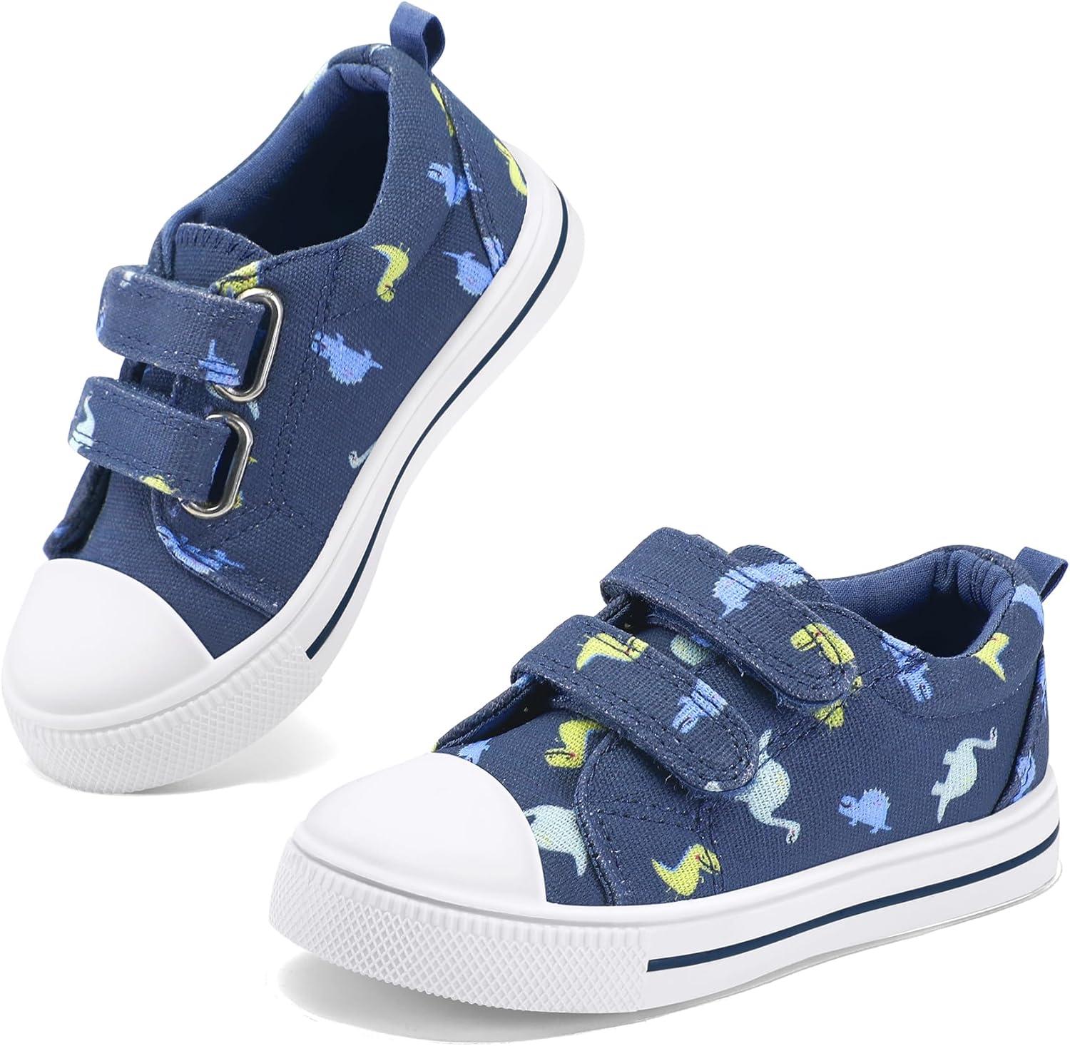 imageK KomForme Toddler Boys ampamp Girls Shoes Kids Canvas Sneakers with Cartoon Dual Hook and LoopsBlue Dinosaur