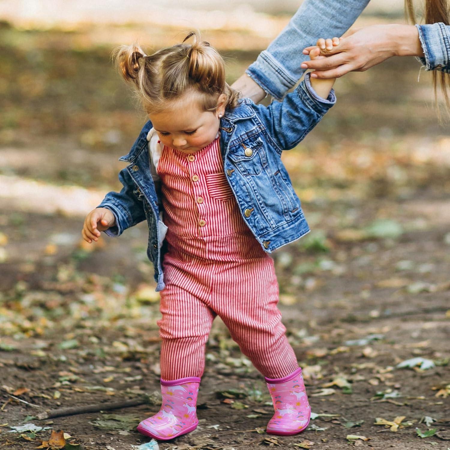 imageK KomForme Toddler Rain Boots Baby Easyon Rain Shoes Lightweight Waterproof for Boys and GirlsLight Pink Unicorn