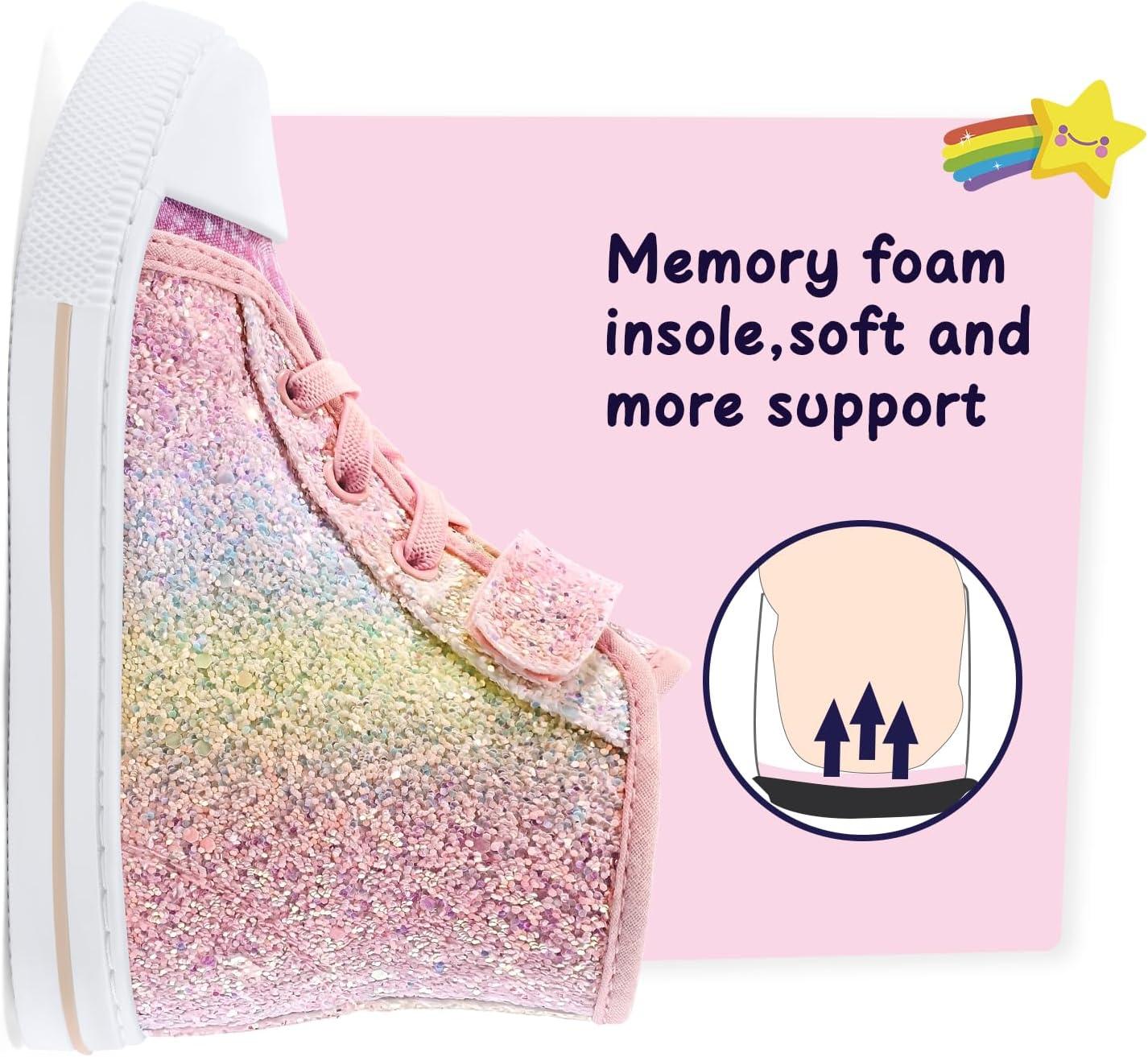 imageK KomForme Toddler Sneakers Girls Canvas High Top Walking Shoes with Hook and LoopsGlitter Rainbow