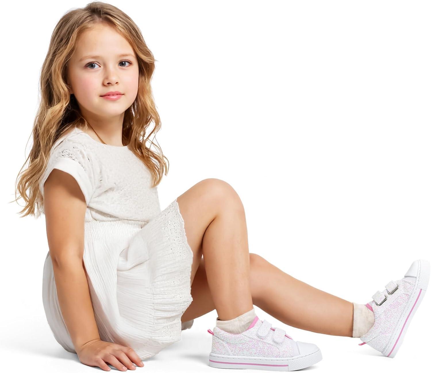 imageK KomForme Toddler Sneakers for Boys and Girls Dual Hook and Loops Sneakers Baby Canvas ShoesWhite Glitter