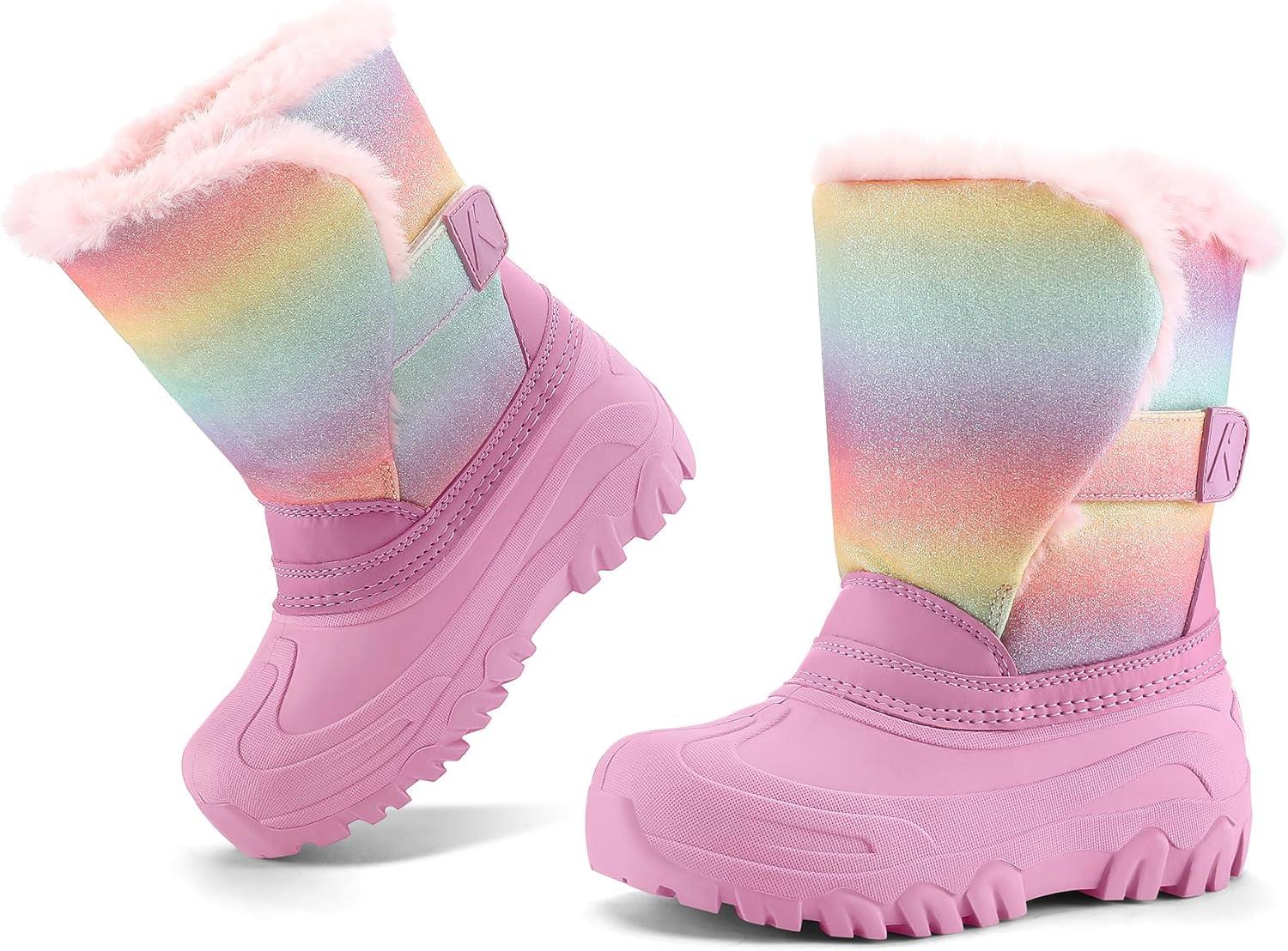 imageK KomForme Waterproof Girls Snow Boots with Faux Fur Lining Warm Winter Shoes for Kids ToddlerLittle KidBig KidRainbow Glitter