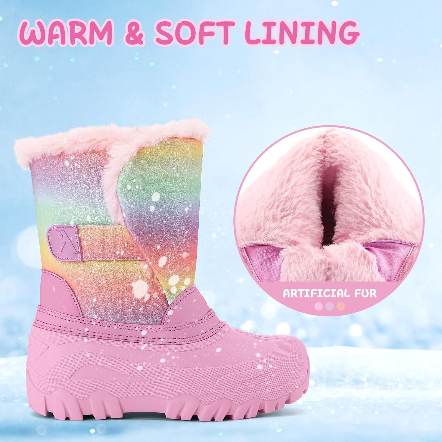 imageK KomForme Waterproof Girls Snow Boots with Faux Fur Lining Warm Winter Shoes for Kids ToddlerLittle KidBig KidRainbow Glitter