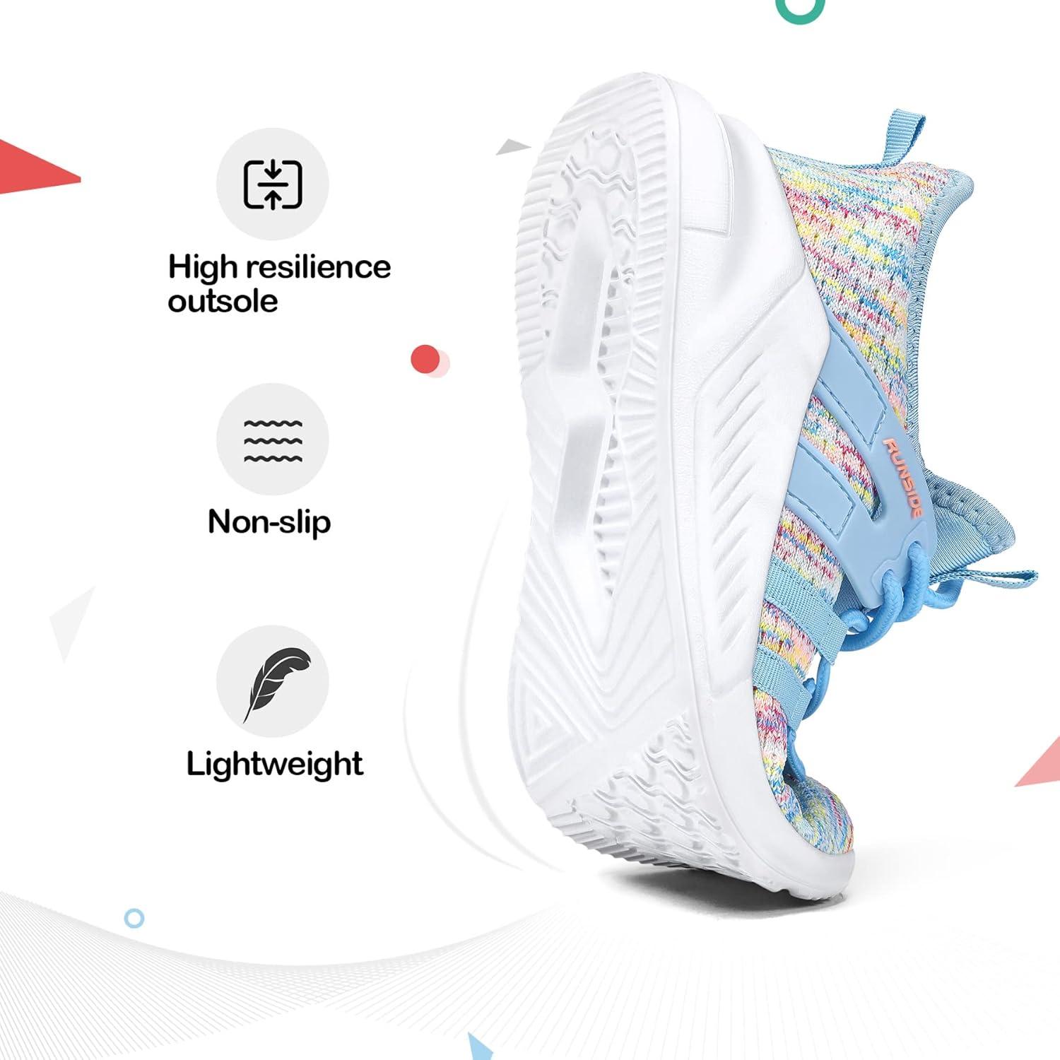 imageRUNSIDE Girls Tennis Shoes Lightweight Sports Kids Sneakers Laceup for RunningWalking ToddlerLittle KidBig KidRainbow Blue