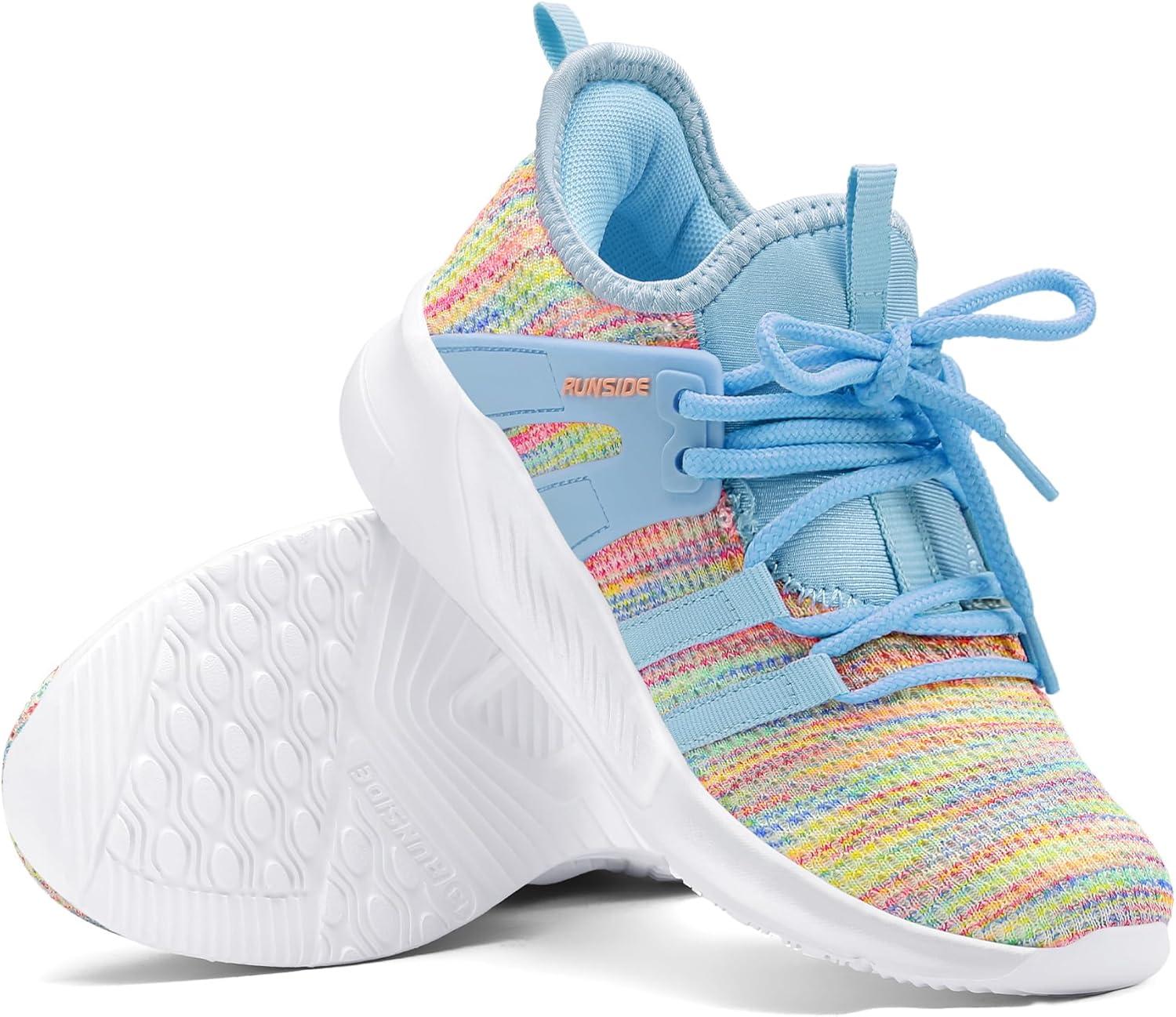 imageRUNSIDE Girls Tennis Shoes Lightweight Sports Kids Sneakers Laceup for RunningWalking ToddlerLittle KidBig KidRainbow Blue