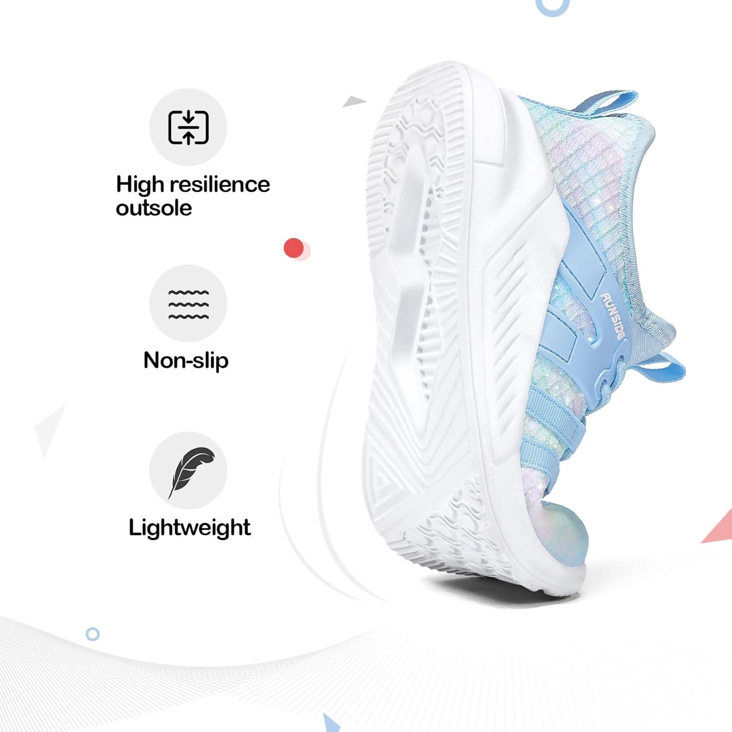 imageRUNSIDE Girls Tennis Shoes Lightweight Sports Kids Sneakers Laceup for RunningWalking ToddlerLittle KidBig KidSparkly Blue