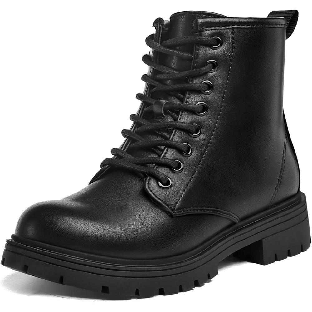 imageK KomForme Boys Girls Ankle Boots Lace Up Side Zipper Waterproof Combat Shoes ToddlerLittle KidBig KidBlack Pu