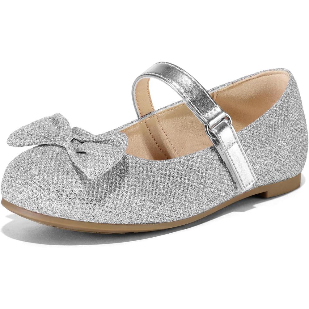 imageK KomForme Girls Ballet Flats NonSlip Soft Mary Jane Walking Party Dress Shoes for ToddlerLittle KidBig KidSilver Glitter
