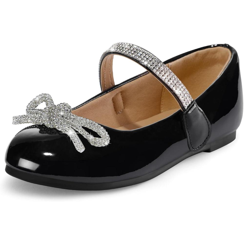 imageK KomForme Girls Bow Mary Jane Dress Shoes Ballet Princess Flats with Rhinestone Strap for Party Wedding School ToddlerLittle KidBig KidBlack