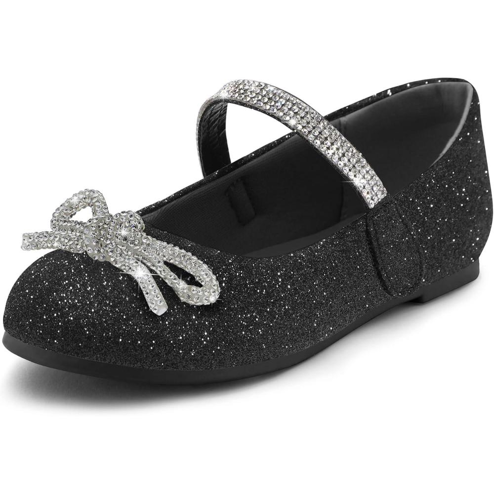 imageK KomForme Girls Bow Mary Jane Dress Shoes Ballet Princess Flats with Rhinestone Strap for Party Wedding School ToddlerLittle KidBig KidBlack Glitter