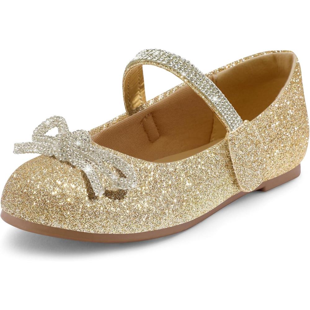 imageK KomForme Girls Bow Mary Jane Dress Shoes Ballet Princess Flats with Rhinestone Strap for Party Wedding School ToddlerLittle KidBig KidGold Glitter